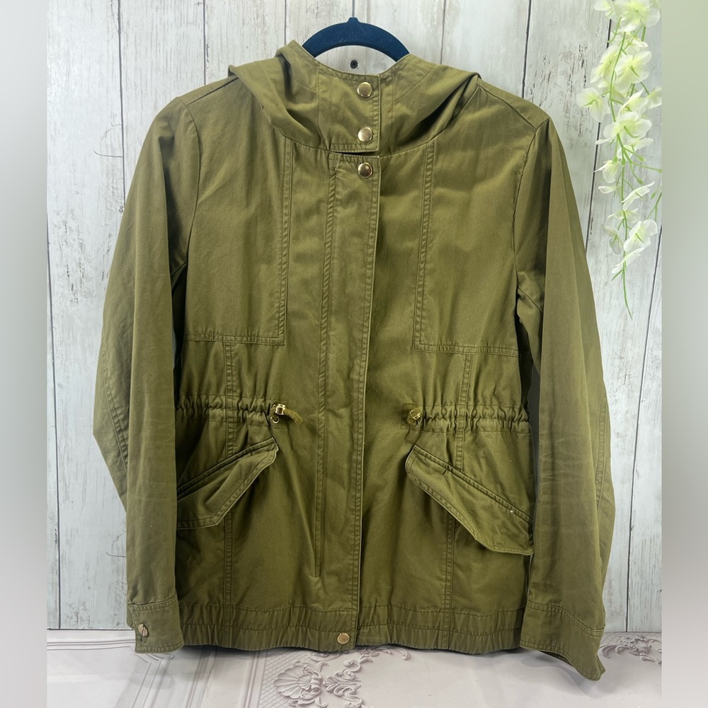 LOVE TREE Women Full Zip Utility military Jacket Hooded Small Green Long Sleeve